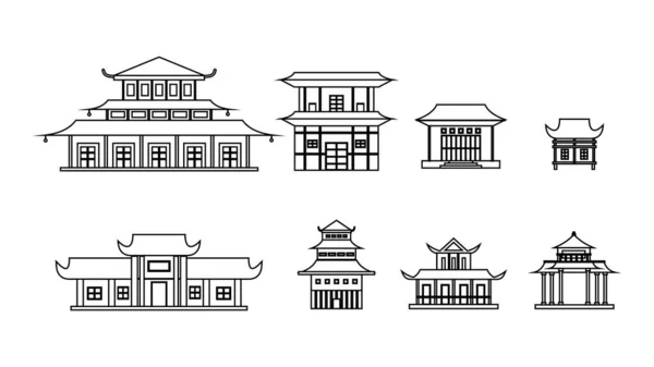 Chinese House Building Set Black White — Stock Vector