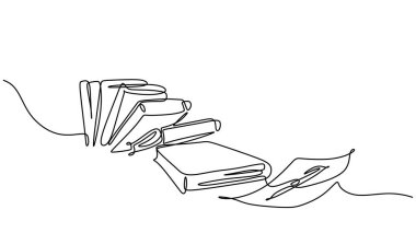Kitap satırı çizimi, sürekli kağıt ve kalemle yazılmış kitap yığını. Minimalist el çizimi vektör çizimi tasarımı.
