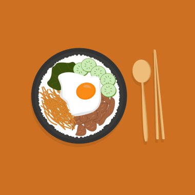 Kore Bibimbap Pirinç Kasesi - Renkli Kore Bibimbap Pirinç Kasesi Sebze ve Biftek Vektörü İllüstrasyonu