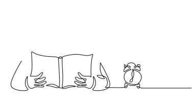 Kitap konseptini okuma zamanı. Sürekli bir çizgi çizimi, vektör illüstrasyon minimalisti..