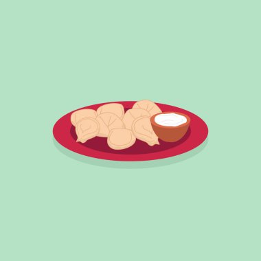 Ekşi Kremalı Rus Pelmeni Mantı - Ekşi Kremalı Rus Pelmeni Mantı ve Dill Vector Illustration