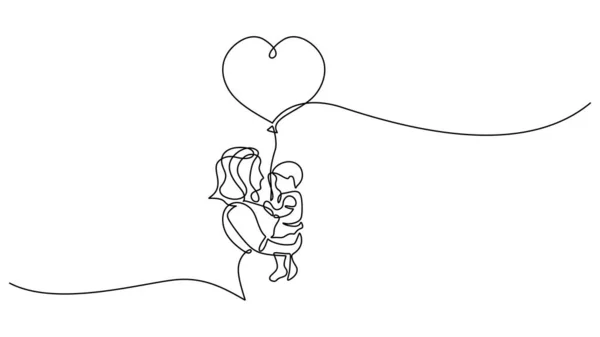 Mor Baby Linje Ritning Hålla Hjärtat Ballong Kontinuerlig Enda Hand — Stock vektor