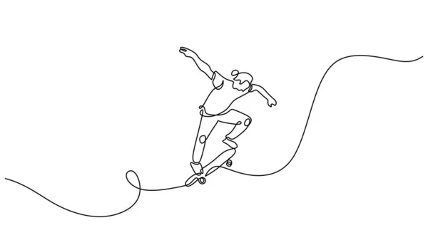 Satu Garis Menggambar Orang Bermain Skateboard Olahraga - Stok Vektor
