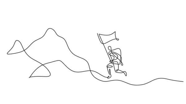 Пішохідний Гірський Вектор Безперервний Малюнок Однієї Лінії Люди Тримають Прапор — стоковий вектор