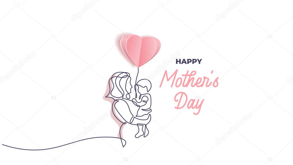 Mothers day card vector. Continuous one line drawing. Mother holding her baby with heart love balloon. Contour hand drawn illustration pink colors.