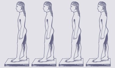 El Çizimi Siyah ve Beyaz Kouros Vektör İllüzyonu - Antik Yunan Erkek Gençlik Heykeli