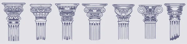 Ancient Greek Columns Vintage Sketch Illustrations Set Retro Design Hand — Stock Vector