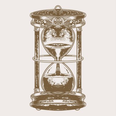 Kum saati kabartma çizimi, kum saati çizimi, klasik tarz vektör çizimi. Beyaz arkaplanda siyah izole