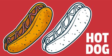 Hot Dog - Çizim vektörü illüstrasyonu, siyah beyaz renkler, basit karalama el çizimi