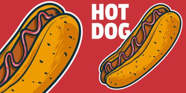 Hot Dog - Çizim vektörü illüstrasyonu, renkli renkler, basit karalama el çizimi