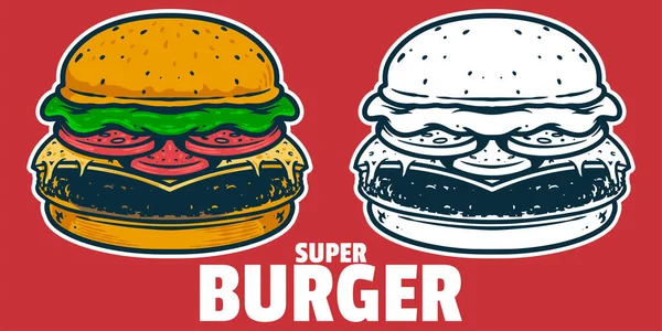 Burger Drawing Vector Illustration Black White Color Simple Doodle Hand — 스톡 벡터