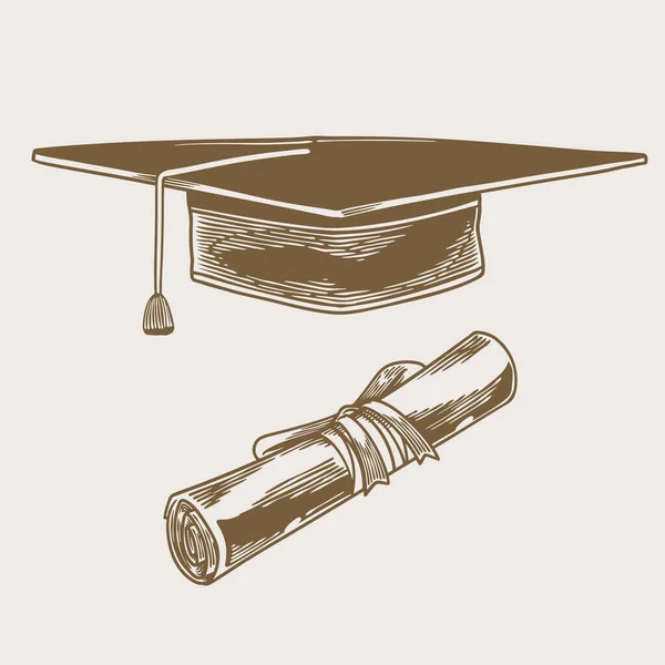 毕业设计帽和滚动毕业设计图纸 大学雕刻草图矢量图解 独立于白色背景 — 图库矢量图片