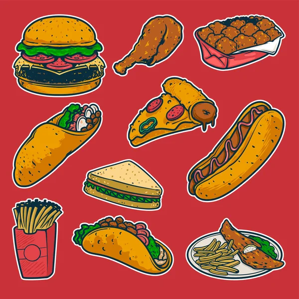 Fast Food Coloré Gribouillage Dessiné Main Dessin Hamburger Frites Taco — Image vectorielle