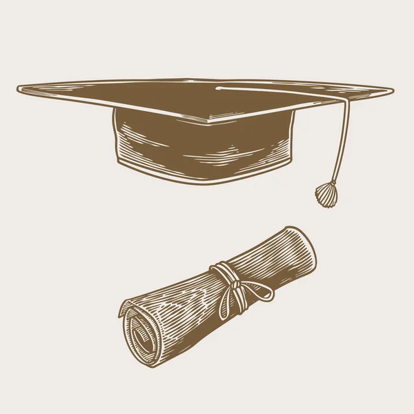 毕业设计帽和滚动毕业设计图纸 教育版画草图矢量插图 隔离于白色背景 — 图库矢量图片