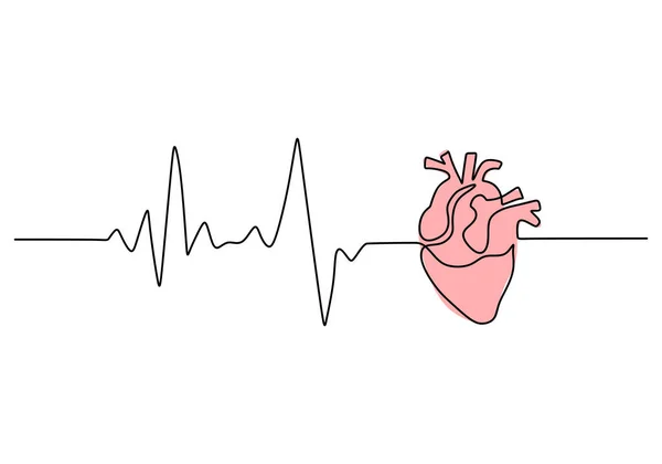One Continuous Single Line Drawing Heart Beat Isolated White Background — Stock Vector