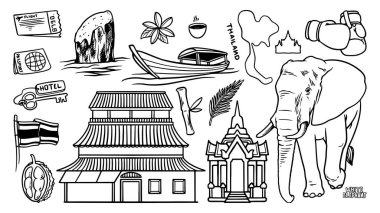 Tayland 'a seyahat, karalama seti simgeleri. Nesnelerin el çizimi çizimi. Yelkenli, fil ve antik pagoda rotası. Doğu Asya 'daki mimari bina.