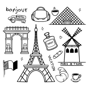 Seyahat eden Paris Fransa çizim seti. El çizimi Şehir ve nesneler.