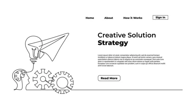 连续线条画纸平面 和灯泡 创造性解决方案策略登陆页向量 — 图库矢量图片