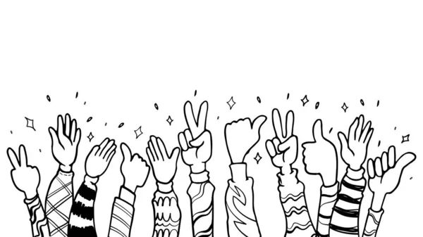 手描きで拍手オベーション 拍手親指を立て手描きスタイルで平和のジェスチャーベクトルイラスト漫画黒白の背景 — ストックベクタ