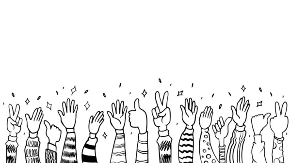 手拉手向上 拍手喝彩 手绘涂鸦风格的掌声 大拇指和和平手势 矢量插图 卡通画黑色白色背景 — 图库矢量图片