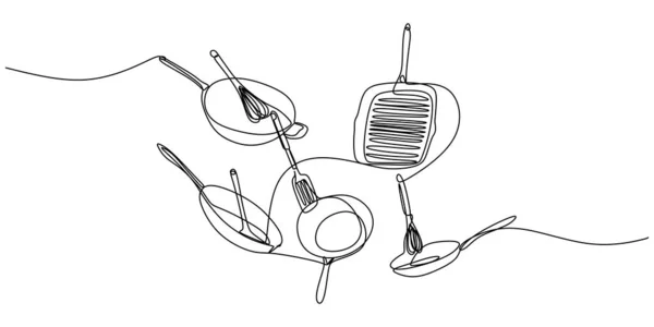 Безперервна Одна Лінія Посуду Приготування Їжі Горщик Ніж Шпатель Ізольована — стоковий вектор