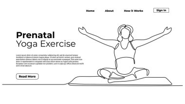 Hamile anne yoga yapıyor, sürekli tek çizgi çiziyor. Çizim sanatı çizimi iniş sayfası şablonu.