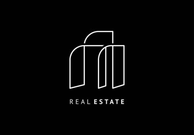 Emlak çizgisi logo vektör şablonu. Basit bir taslak çizimi olan minimalist bir bina. Siyah arkaplanda modern beyaz çizgi.