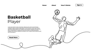 Slamdunk stili basketbol oyuncusu, sürekli bir çizim, vektör silueti çizimi, insanlar zıplıyor. Spor sayfası indirme ögesi kaynakları için iyi.