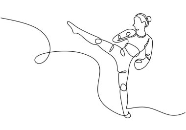 Boksör bir çizgi çiziyor, kız boksör tekmesi eğitime devam ediyor, sürekli el çizimi, vektör çizimi. Güçlü kadın kickboks eskiz egzersizi.