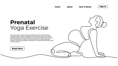 Doğum öncesi yoga egzersizi, hamilelik sırasında sağlıklı poz veren bir kadın. Sürekli bir satır resim minimalist, iniş sayfası şablonu web konsepti, vektör illüstrasyonu düzenlenebilir el çizimi.