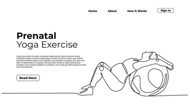 Hamile kadın sürekli çizgi çizimi, iniş sayfası illüstrasyon vektörü, fitness spor tasarımı.