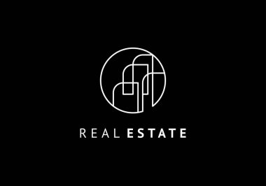 Mimari logo şablon çizgisi minimalist Bauhaus tasarımı, beyaz arkaplanda izole edilmiş..