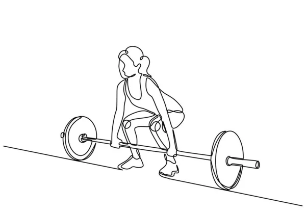 Desenho Treinamento Peso Mulher Vetor Muscular Feminino Segurando Barbell Contínua —  Vetores de Stock