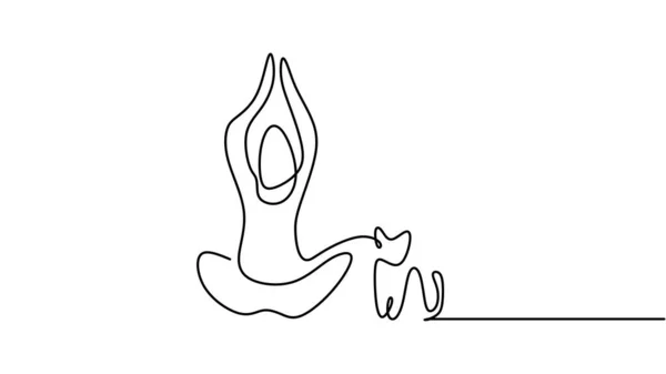 猫瑜伽女人 连续线条画艺术 运动与健康生活的单幅素描作品 — 图库矢量图片