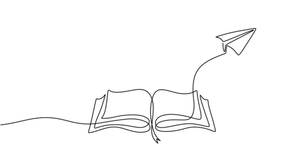 開いて本と飛行紙飛行機連続1行線画 手描きラインアートベクトルイラスト 創造的な戦略と教育革新 ミニマリズムシンプルな輪郭デザイン — ストックベクタ