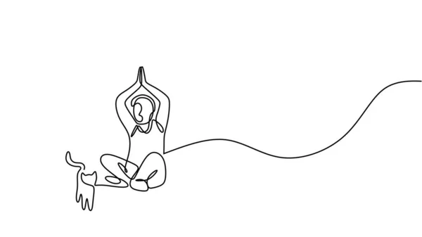 Personne Faisant Yoga Avec Chat Dessin Art Ligne Continue — Image vectorielle