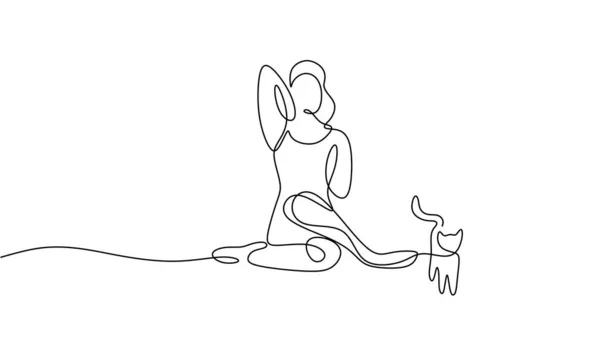 ヨガポーズ女性 猫の動物とミニマリストを描く1行 — ストックベクタ