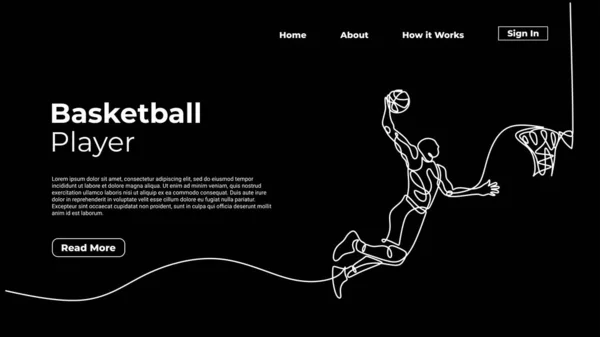 Одна Линия Рисует Баскетболиста Спортсмены Прыгают Бросают Мяч Шаблон Страницы — стоковый вектор