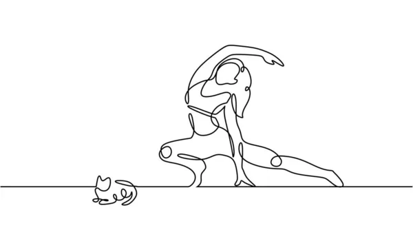 Fille Yoga Avec Chat Dessin Art Continu Une Ligne Illustration — Image vectorielle