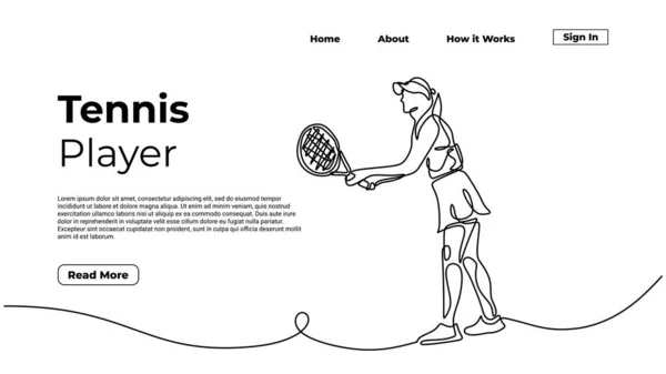 女子网球选手的连续线条画 一手画单幅素描 一手画运动健将 登陆页概念要素 — 图库矢量图片