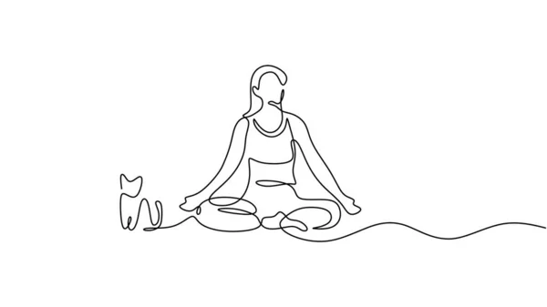 Yoga Pozează Femeie Linie Desenând Minimalist Animal Pisică — Vector de stoc