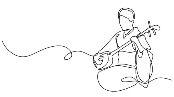 Japanese Traditional Music Continuous One Line Drawing Woman Playing Biwa — Stock Vector