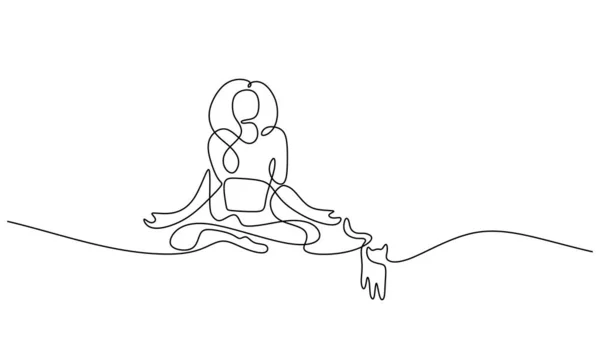 Wanita Yoga Kucing Gambar Seni Garis Yang Berkelanjutan Karya Seni - Stok Vektor