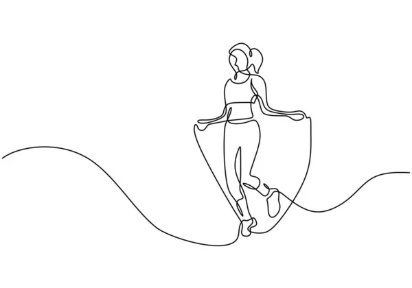 一行画女人跳过体育主题 连续手绘插图矢量 可编辑笔划 — 图库矢量图片