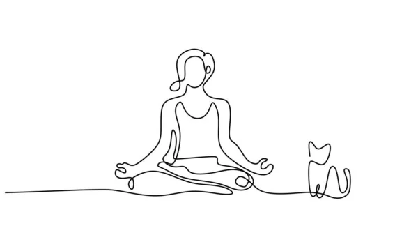 Katzen Yoga Frauen Fortlaufende Linienzeichnung Einzelskizze Mit Bewegung Und Gesundem — Stockvektor