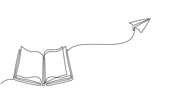 Книга Летающая Бумажная Плоскость Непрерывно Рисуют Одну Линию Ручная Рисованная — стоковый вектор