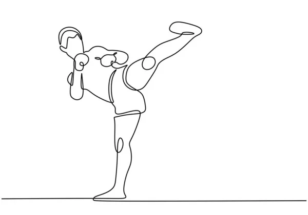Człowiek Kickboxing Ciągły Rysunek Linii Sport Bokser Ręcznie Rysowane — Wektor stockowy