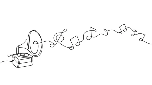 Musik Mencatat Simbol Dengan Gramofon Satu Tangan Kontinu Digambar Terisolasi - Stok Vektor