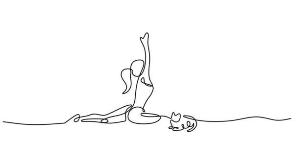 Кошачья Йога Женщин Непрерывная Линия Рисунок Искусства Одиночное Оформление Упражнениями — стоковый вектор