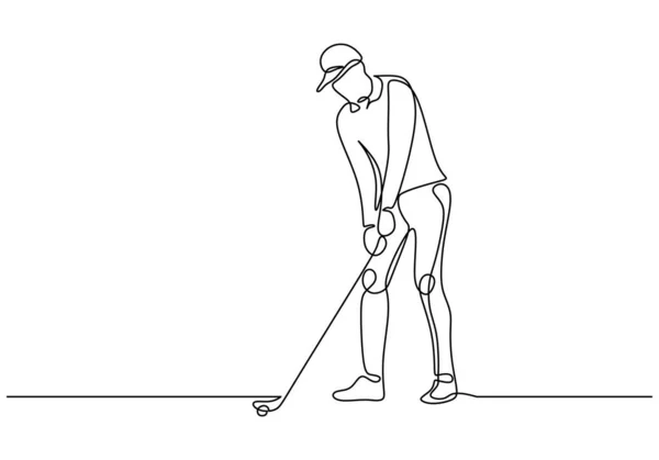 男はゴルフ 連続1行の描画を再生します 手描きのミニマルなスケッチ輪郭手描き スポーツゲームと趣味のテーマ — ストックベクタ